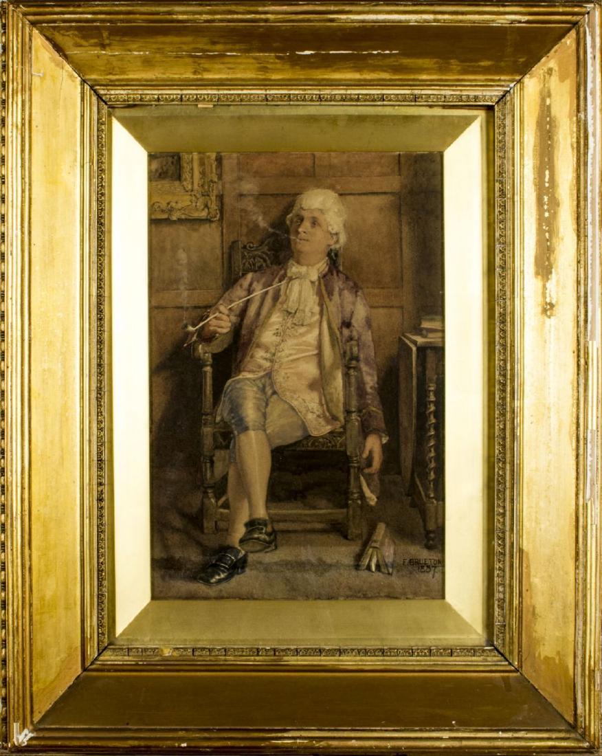 Frederick Brueton (british,act 1882-1911) watercolor on: ARTIST: Frederick Brueton (british, active 1882 - 1911) NAME: Man Smocking Pipe (1887) MEDIUM: watercolor on paper CONDITION: Excellent. Some age toning. Some damages to frame. IMAGE SIZE: 9 1/4 x 14