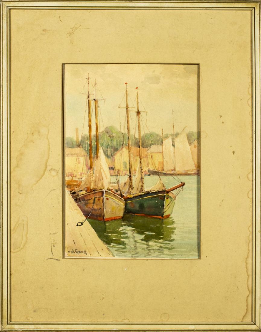 John Cook (MA,1870-1936) watercolor on paper: ARTIST: John A Cook (Massachusetts, 1870 - 1936) NAME: Boats on the Harbor MEDIUM: watercolor on paper CONDITION: Excellent. Minor age toning. Mat is in poor condition. SIGHT SIZE: 10.5 x 7.5 inches /
