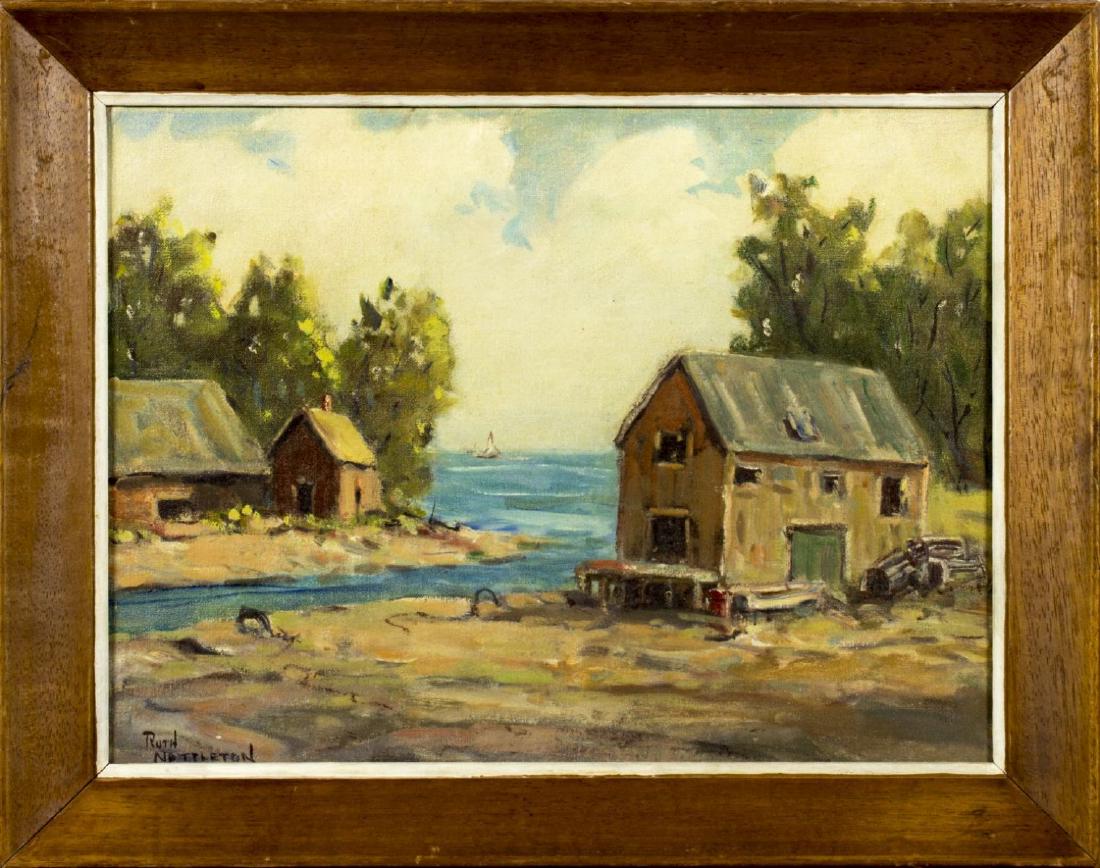Ruth Nettleton (MA,OK,1901-1973) oil on board: ARTIST: Ruth Nettleton (Massachusetts, Oklahoma, 1901 - 1973) NAME: The Fish House, Rockport, MA MEDIUM: oil on board CONDITION: Excellent. No visible inpaint under UV light. SIGHT SIZE: 12 x 16 inche