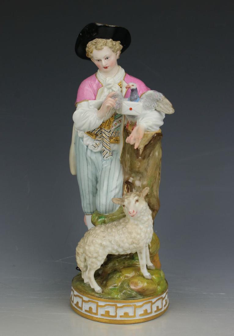 Meissen Acier Figurine F73 "Man with Sheep and Dove": MANUFACTURE: Meissen (GERMANY) SCULPTOR: Michel Victor Acier ca. 1777 NAME: Man with Sheep and Dove NUMBER: F73 YEAR: 1850 - 1925 CONDITION: Minor restorations: two fingers, toe, edge of hat, corner o