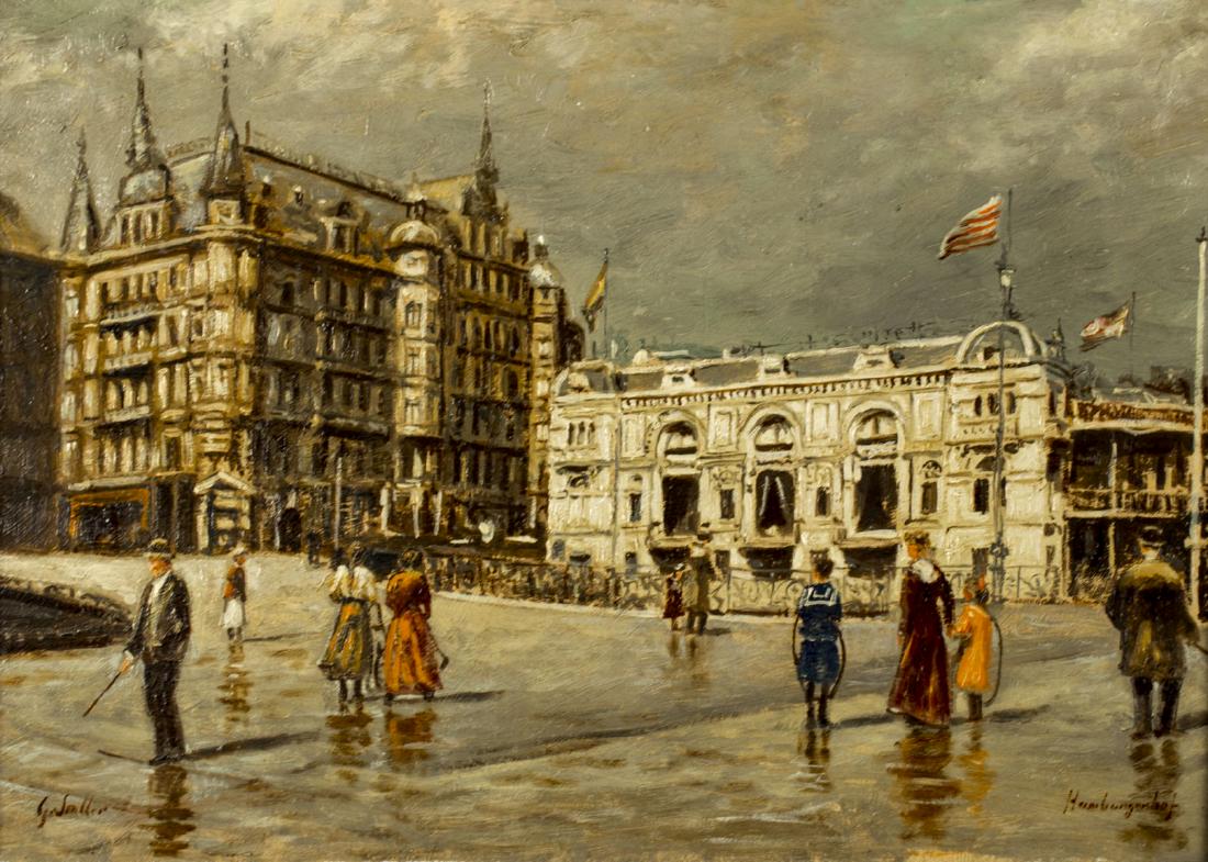 Gerard Johan Staller (Dutch,1880-1956) oil on board: ARTIST: Gerard Johan Staller (Netherlands, 1880 - 1956) NAME: Hamburgerhof Town Scene MEDIUM: oil on board CONDITION: Excellent. No visible inpaint under UV light. Frame has minor damages. SIGHT SIZE: