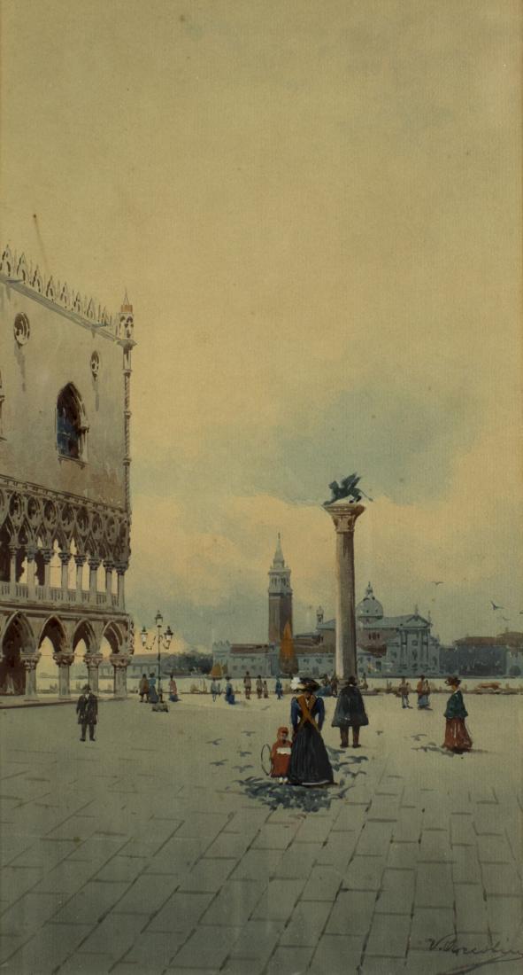 Vittorio Arcolin (Italy,19/20C) watercolor painting: ARTIST: Vittorio Arcolin (italian, 19 - 20 century) NAME: Venice MEDIUM: watercolor on paper CONDITION: Excellent. Framed under glass. SIGHT SIZE: 14 x 8 inches / 35 x 20 cm FRAME SIZE: 21 x 14 inches