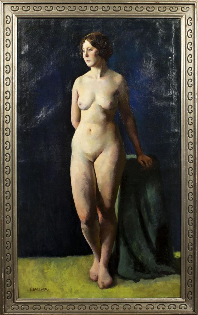 Samuel Brecher (NY,1897-1982) oil on canvas: ARTIST: Samuel Brecher (New York, 1897 - 1982) NAME: Standing Nude MEDIUM: oil on canvas CONDITION: Minor craquelure. One long scratch (right side). No visible inpaint under UV light. Minor wear to fr