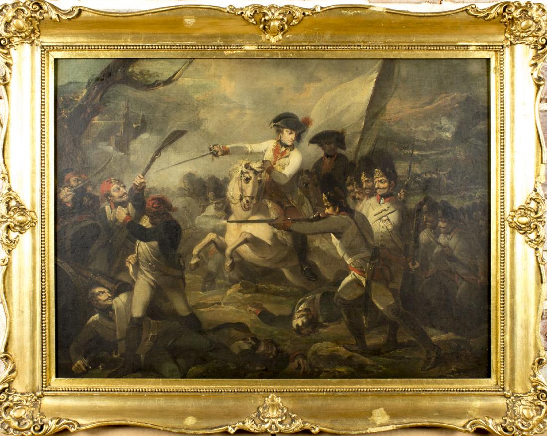 Henry Singleton (UK,1766-1839) oil on canvas: ARTIST: Henry Singleton (United Kingdom, 1766 - 1839) NAME: Battle of Emmendingen MEDIUM: oil on canvas YEAR: 1797 CONDITION: Relined, restretched. Minor inpainting. Some craquelure. Minor damages to