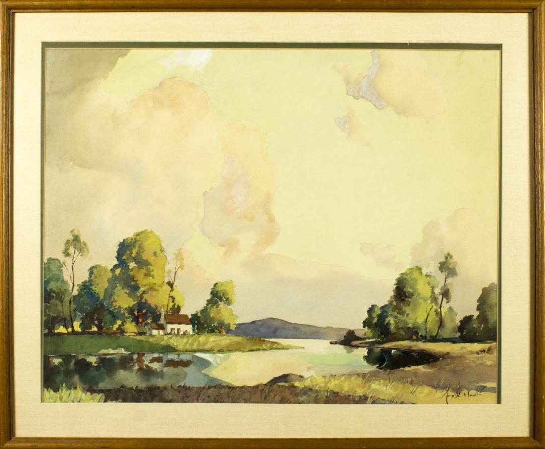 John Cuthbert Hare (MA,FL,1908-1978) watercolor on: ARTIST: John Cuthbert Hare (Massachusetts, Florida, 1908 - 1978) NAME: Landscape MEDIUM: watercolor on paper CONDITION: Excellent. Framed under glass. SIGHT SIZE: 21 x 27 inches / 53 x 68 cm FRAME SIZ
