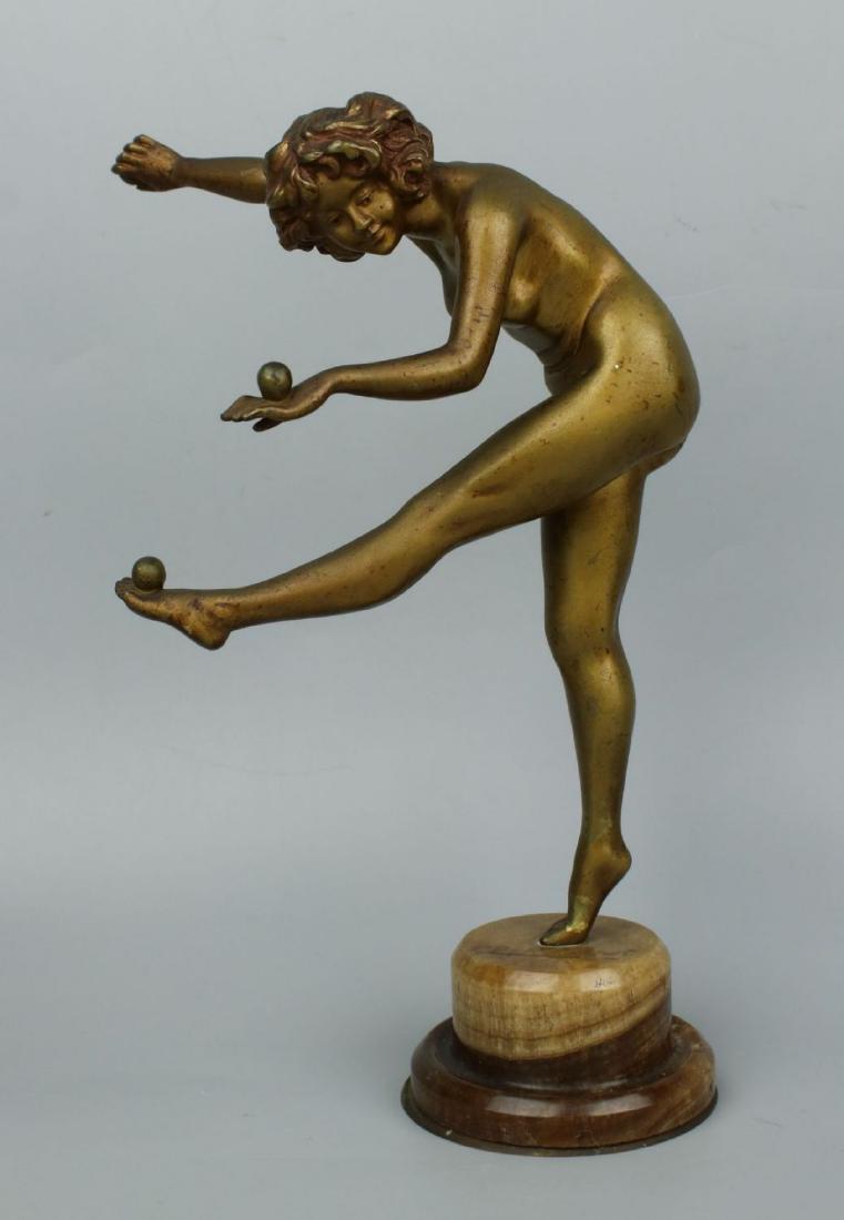 Claire Colinet (French,1885-1948) art deco Bronze "The: MANUFACTURE: FRANCE SCULPTOR: Claire Jeanne Roberte Colinet (French, 1885-1948) NAME: The Juggler CONDITION: Excellent. Some wear. No box. HEIGHT: 9 1/2 inch / 24 cm WIDTH: 7 inch / 17 cm DEEP: 4 1/2