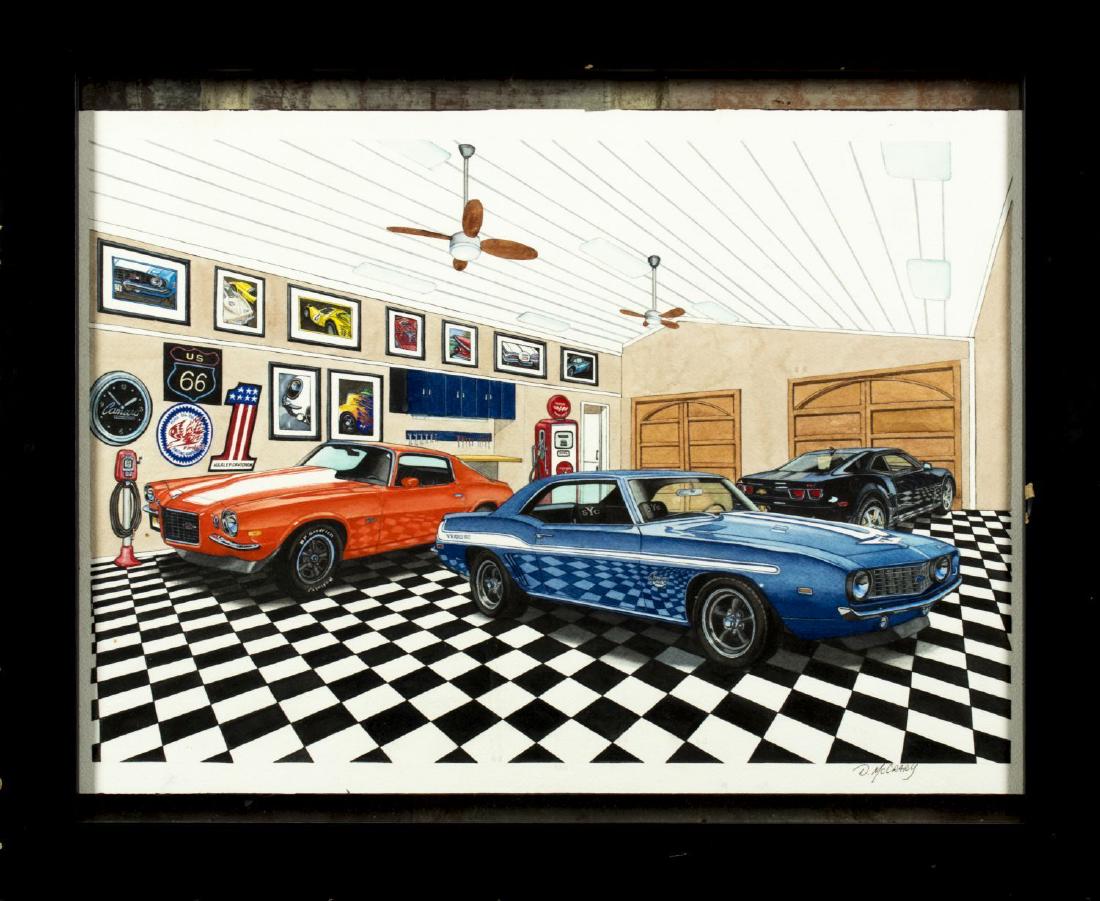 Dan McCrary (NC,born 1949) watercolor on paper: ARTIST: Dan McCrary (North Carolina, born 1949) NAME: Camaro YEAR: 2012 MEDIUM: watercolor on paper CONDITION: Excellent. Framed under glass. Minor damages to frame. SIGHT SIZE: 14 x 19 inches / 35 x