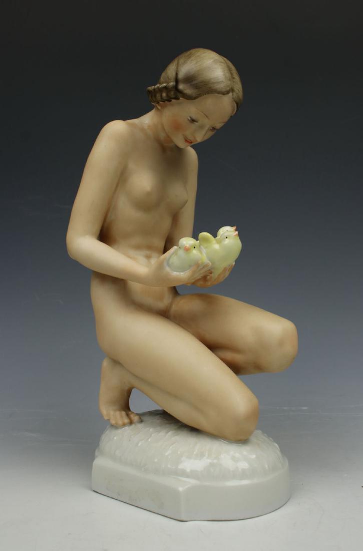 Hutschenreuther Figurine "Spring Children": MANUFACTURE: Hutschenreuther (GERMANY) SCULPTOR: Carl Werner in 1939 NAME: Spring Children (Nude with Chicks) NUMBER: 1777 YEAR: 1955 - 1968 CONDITION: Excellent. No chips, no cracks. HEIGHT: 9 inch /
