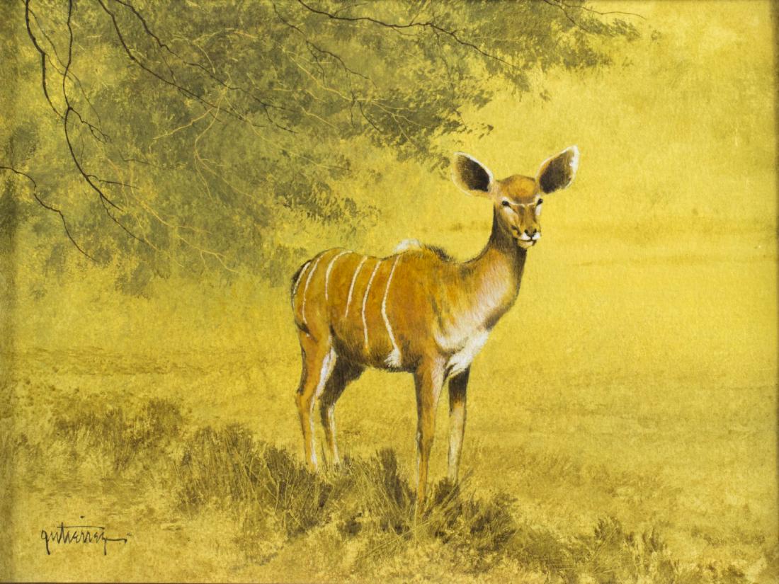 Raul Gutierrez (Texas, born 1935) watercolor on paper: ARTIST: Raul Gutierrez (Texas, born 1935) NAME: Deer MEDIUM: watercolor on paper CONDITION: Excellent. Framed under glass. SIGHT SIZE: 9 x 12 inches / 22 x 30 cm FRAME SIZE: 14 x 17 inches / 36 x 44 c