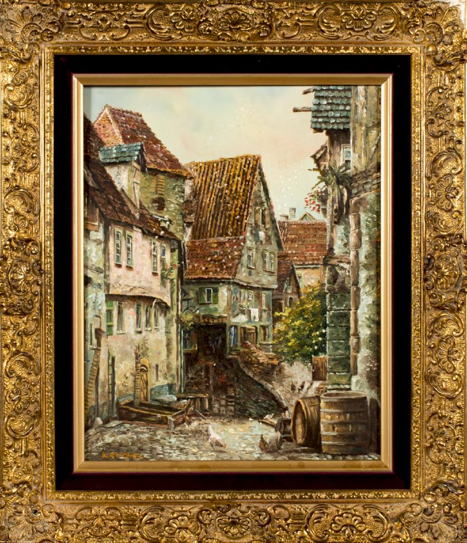 Klaus Rochel (German,born 1936) oil painting: ARTIST: Klaus Rochel (Germany, born 1936) NAME: German Cityscape YEAR: 1972 MEDIUM: oil on copper CONDITION: Excellent. No visible inpaint under UV light. Damage to corner of frame. SIGHT SIZE: 12 x 9