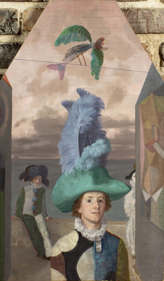 Claude William Harrison (UK,1922-2009) oil painting: ARTIST: Claude William Harrison (british, 1922 - 2009) NAME: Comic Bird Song YEAR: 1979 MEDIUM: oil on board CONDITION: Minor craquelure. No visible inpaint under UV light. SIGHT SIZE: 25 1/2 x 15 inc