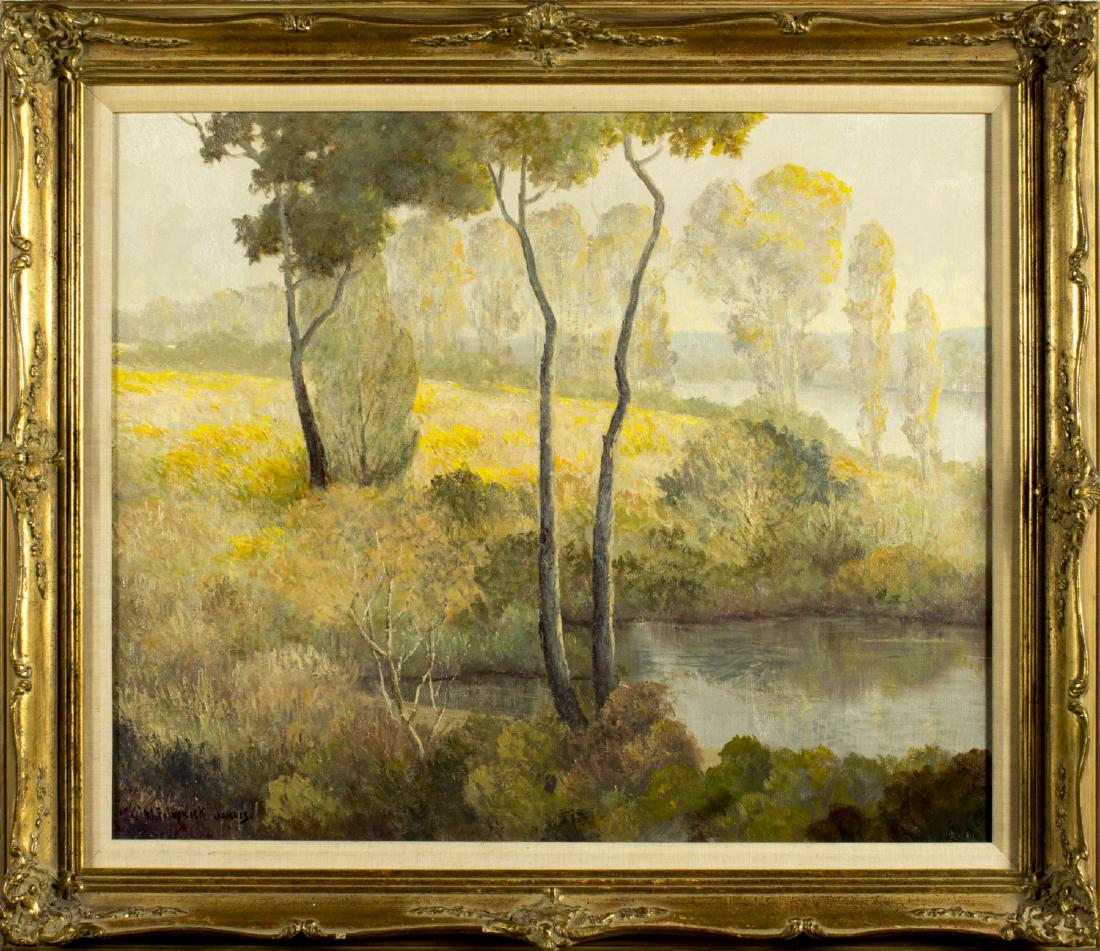 W Frederick Jarvis (TX,NY,CA,OH,1868-1944) oil painting: ARTIST: William Frederick Jarvis (Texas, New York, California, Ohio, 1868 - 1944) NAME: Autumn Lake Landcape MEDIUM: oil on canvas CONDITION: Excellent. No visible inpaint under UV light. SIGHT SIZE: