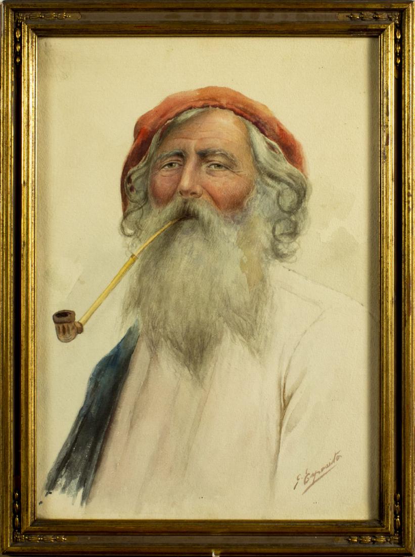 Gaetano Esposito (italian,1858-1911) watercolor: ARTIST: Gaetano Esposito (Malta, Italy, 1858 - 1911) NAME: Spadaro The Capriâ€™s Fisherman MEDIUM: watercolor on paper CONDITION: Excellent. Framed under glass. SIGHT SIZE: 14 x 9 1/2 inches / 35