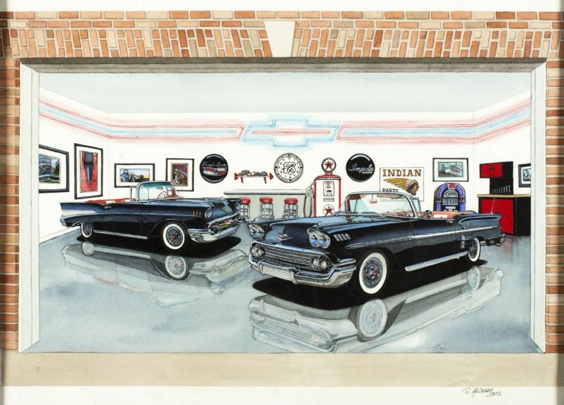 Dan McCrary (NC,born 1949) watercolor on paper: ARTIST: Dan McCrary (North Carolina, born 1949) NAME: Chevrolet Bel Air YEAR: 2012 MEDIUM: watercolor on paper CONDITION: Excellent. Framed under glass. Minor damages to frame. SIGHT SIZE: 14 x 19 inc