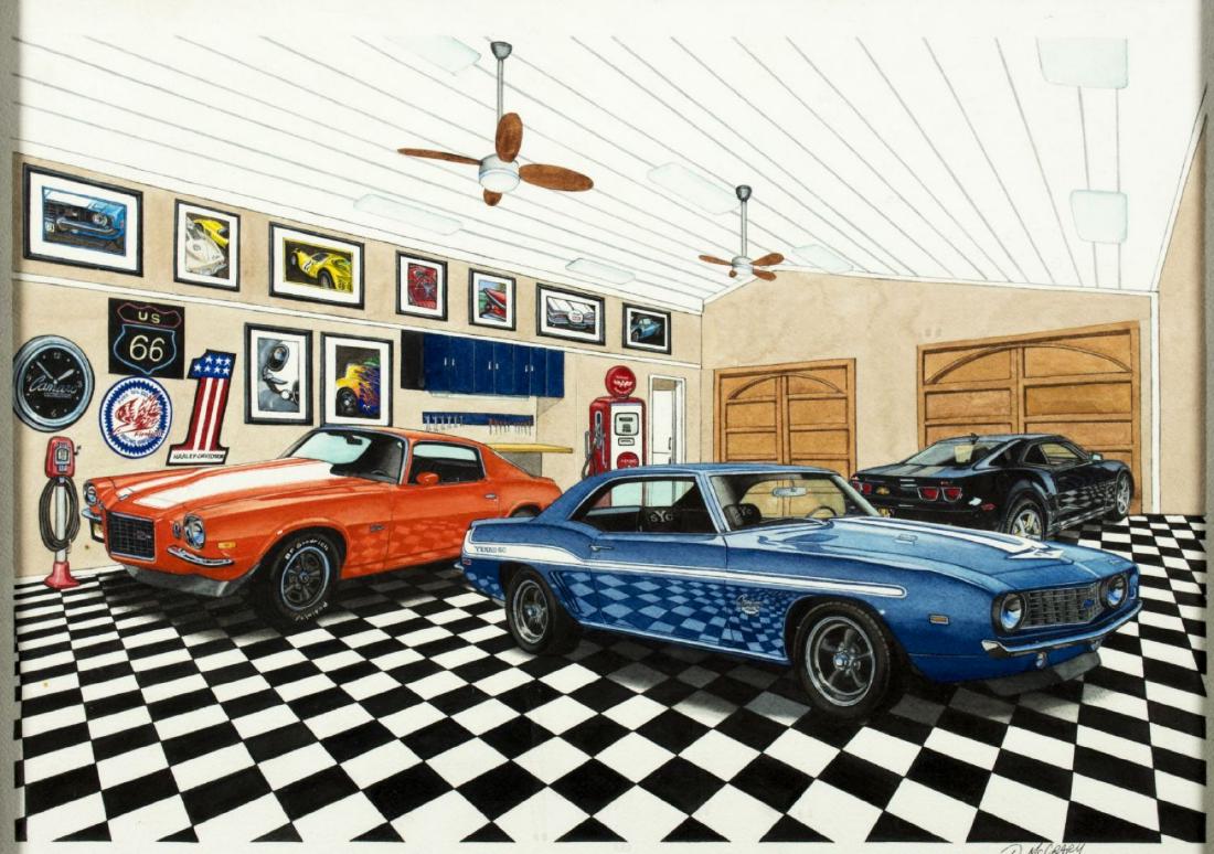 Dan McCrary (NC,born 1949) watercolor on paper: ARTIST: Dan McCrary (North Carolina, born 1949) NAME: Camaro YEAR: 2012 MEDIUM: watercolor on paper CONDITION: Excellent. Framed under glass. Minor damages to frame. SIGHT SIZE: 14 x 19 inches / 35 x 