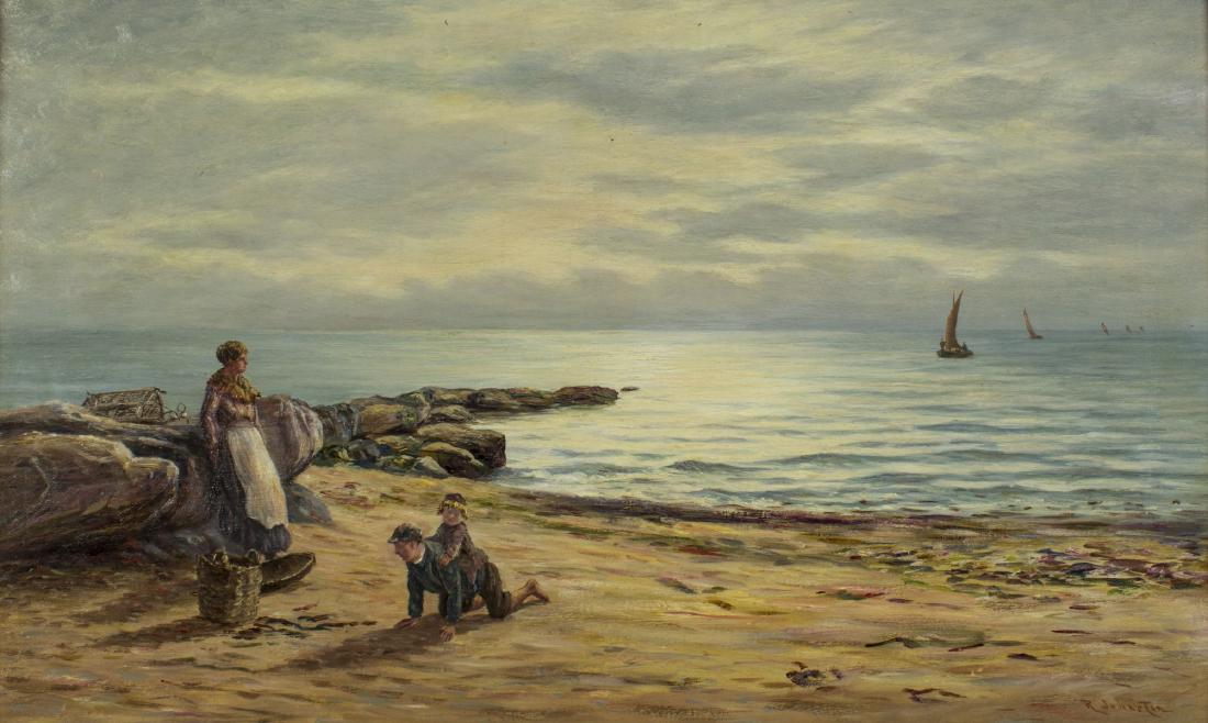 Robert Brown Johnston (UK,1840-1914) oil painting: ARTIST: Robert Brown Johnston (british, 1840 - 1914) NAME: Playing on the Beach MEDIUM: oil on canvas CONDITION: Some craquelure. No visible inpaint under UV light. SIGHT SIZE: 15 x 25 inches / 38 x 6