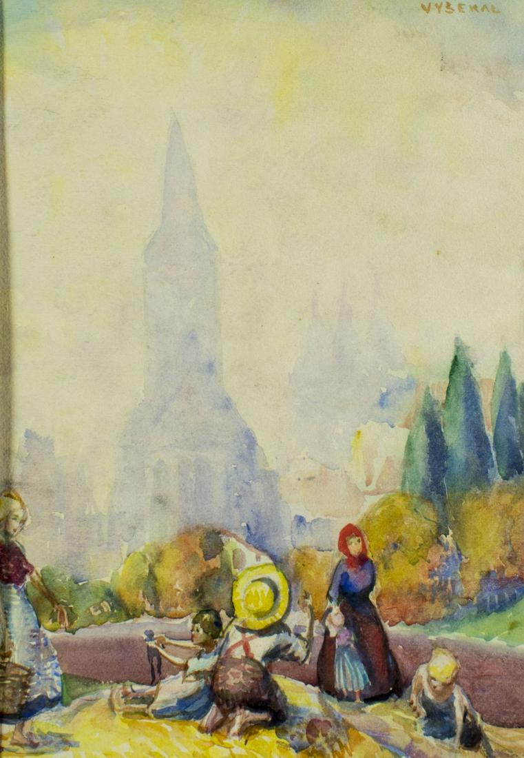 Edouard Vysekal (CA,1890-1939) watercolor painting: ARTIST: Edouard Antonin Vysekal (California, Czechoslovakia, 1890 - 1939) NAME: Autumn Mists MEDIUM: watercolor on paper CONDITION: Excellent. Minor age toning. SIGHT SIZE: 15 x 10 inches / 37 x 25 cm