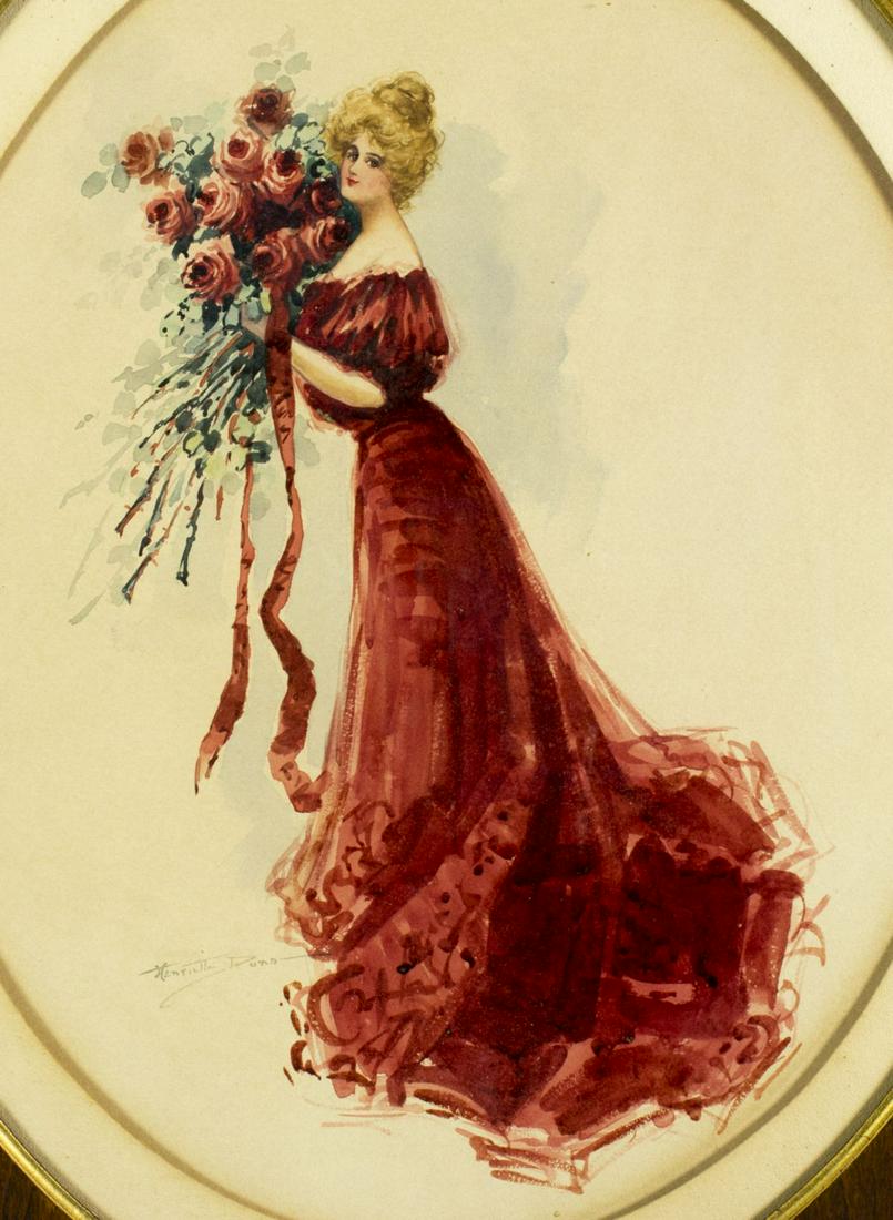 Henrietta Dunn Mears (MA,CA,1877-1970) watercolor: ARTIST: Henrietta Dunn Mears (Massachusetts, Minnesota, California, Wisconsin, 1877 - 1970) NAME: Lady with Flowers MEDIUM: watercolor on paper CONDITION: Excellent. Minor age toning. Framed under gla