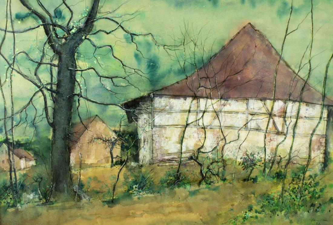 Bernard Gantner (France,born 1928) Watercolor and: ARTIST: Bernard Gantner (France, born 1928) NAME: Farmhouse MEDIUM: Watercolor and gouache on paper YEAR: 1977 CONDITION: Excellent. Minor wear to frame. SIGHT SIZE: 25 x 17.5 inches / 63 x 44 cm FRAM