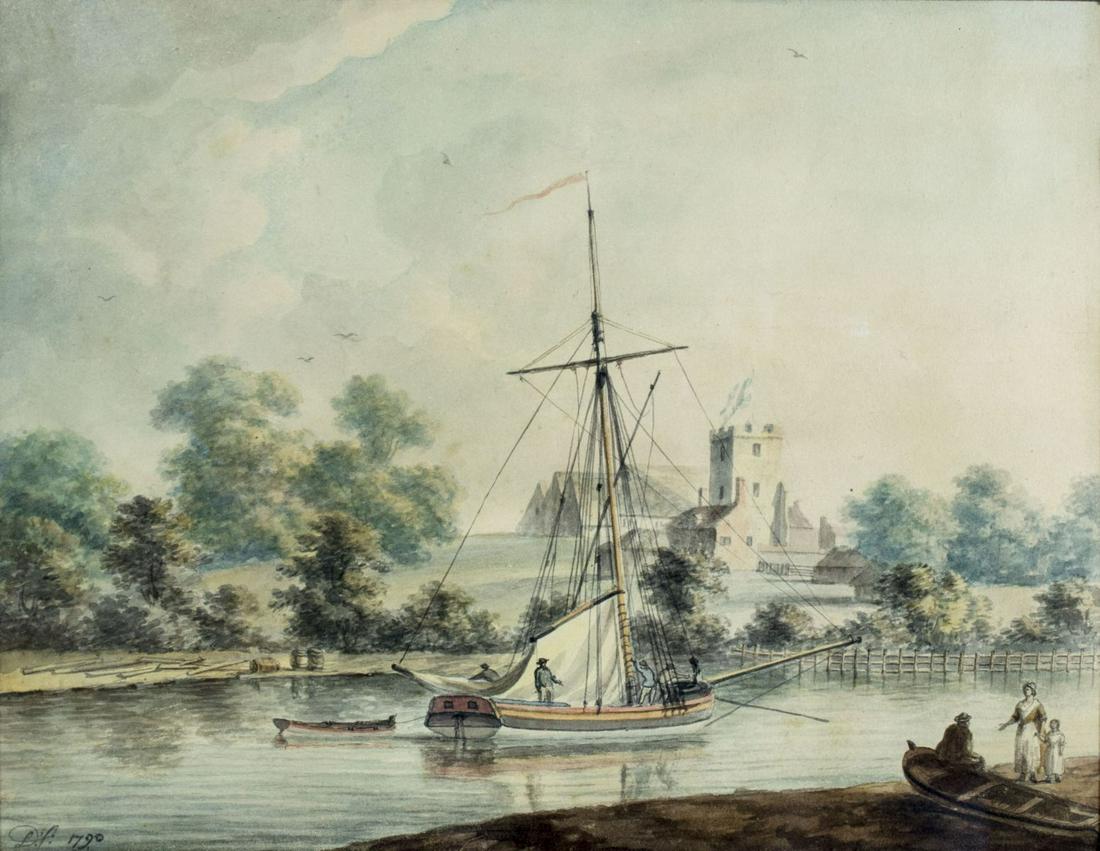 Dominic Serres (UK,1722-1793) watercolor painting: ARTIST: Dominic Serres (United Kingdom, 1722 - 1793) NAME: View of Eling, near Southhampton YEAR: 1790 MEDIUM: watercolor on paper CONDITION: Excellent. Minor age toning. Framed under glass. SIGHT SIZ
