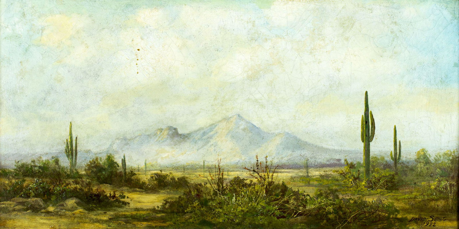 David Carrick Swing (AZ,CA,1864-1945) oil painting: ARTIST: David Carrick Swing (Arizona, California, 1864 - 1945) NAME: Desert Landscape YEAR: 1922 MEDIUM: oil on canvas CONDITION: Some craquelure. Very minor inpainting (few small spots). Some wear to