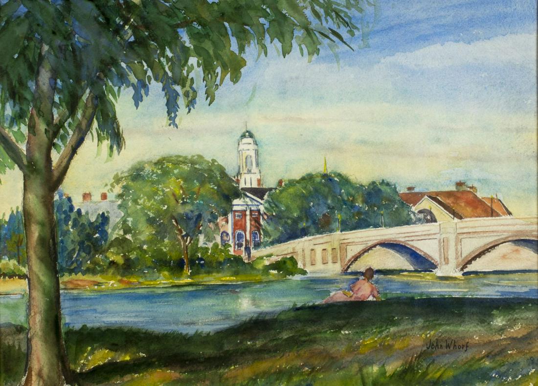 John Whorf (Massachusetts,1903-1959) watercolor: ARTIST: John Whorf (Massachusetts, 1903 - 1959) NAME: Harvard College - Charles River (pencil signed on verso) MEDIUM: watercolor on paper CONDITION: Excellent. Framed under glass. Original frame. SIG