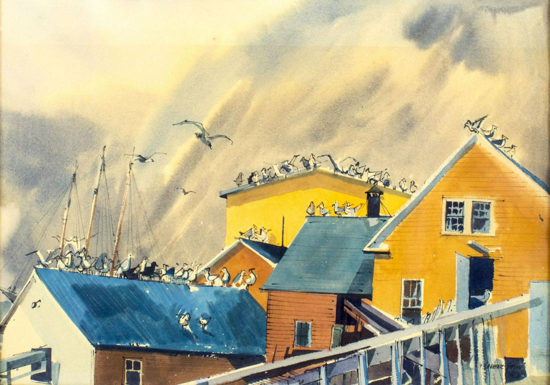 Laurence Philip Sisson (MA,ME,NM,1883-1962) watercolor: ARTIST: Laurence Philip Sisson (Massachusetts, Maine, New Mexico, 1883 - 1962) NAME: Cityscape MEDIUM: watercolor on paper CONDITION: Excellent. Minor age toning. Framed under glass. SIGHT SIZE: 13 x