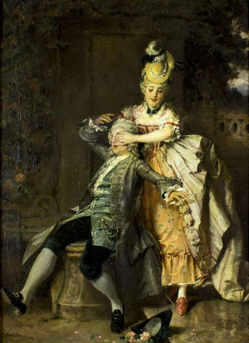 Joseph Watter (German,1838-1913) oil painting antique: ARTIST: Joseph Watter (Germany, 1838 - 1913) NAME: Guess Who MEDIUM: oil on canvas CONDITION: One patch. Minor inpainting (2 spots 1x1 cm). Minor craquelure. Minor damages to frame. SIGHT SIZE: 24 x 1