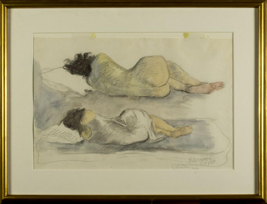 Raphael Soyer (russian,NY,1899-1987) pencil watercolor: ARTIST: Raphael Soyer (Russia, New York, 1899 - 1987) NAME: Two Studies of Sleeping Woman MEDIUM: pencil and watercolor on paper CONDITION: Excellent. Framed under glass. SIGHT SIZE: 15 x 22 inches /