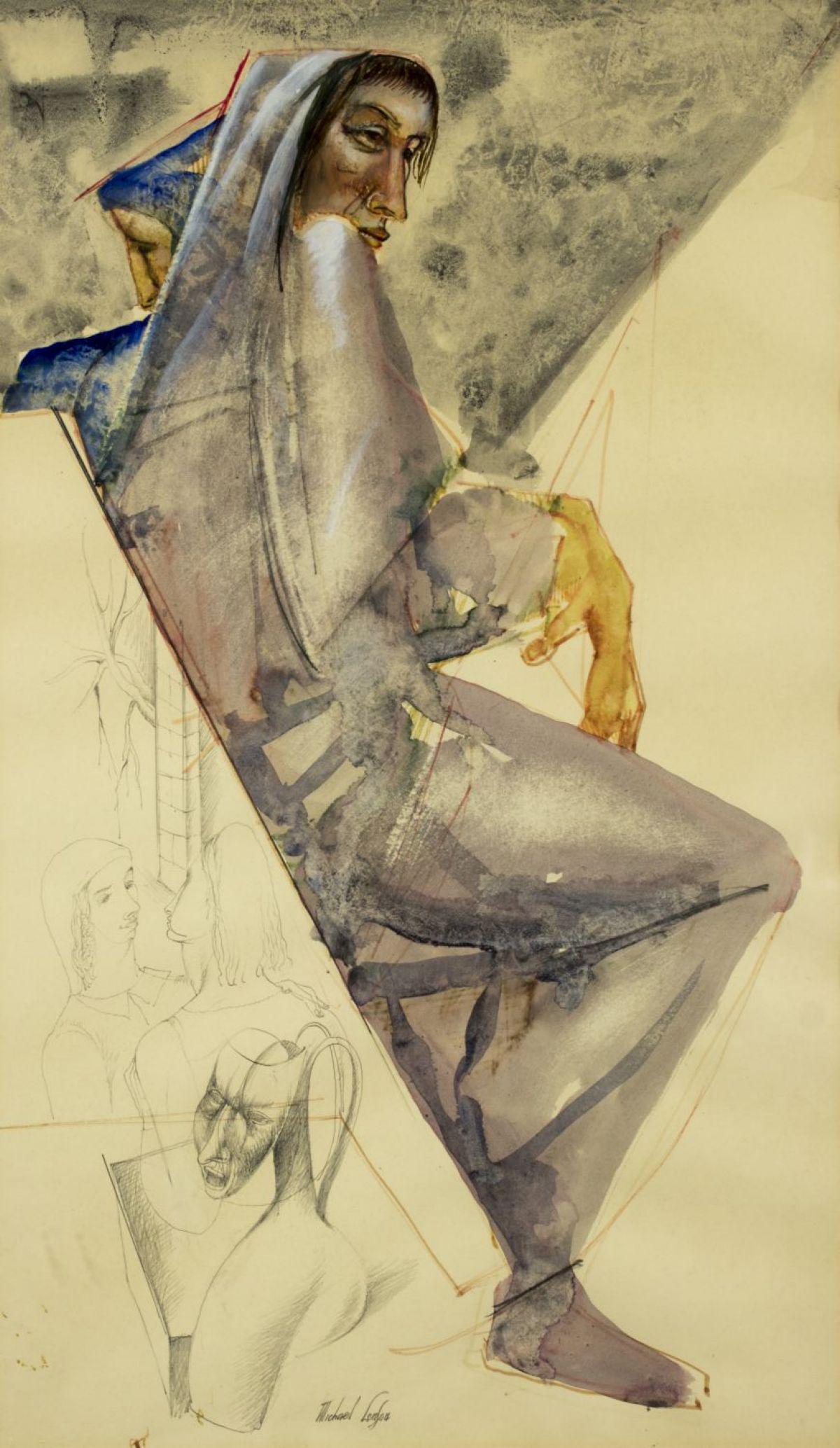 Michael Lenson (NJ,Russia,1903-1971) watercolor on: ARTIST: Michael Lenson (New Jersey, Russia, 1903 - 1971) NAME: - MEDIUM: watercolor on paper CONDITION: Excellent. Minor toning. Framed under glass. Minor wear to frame. SIGHT SIZE: 17.5 x 10 inches /