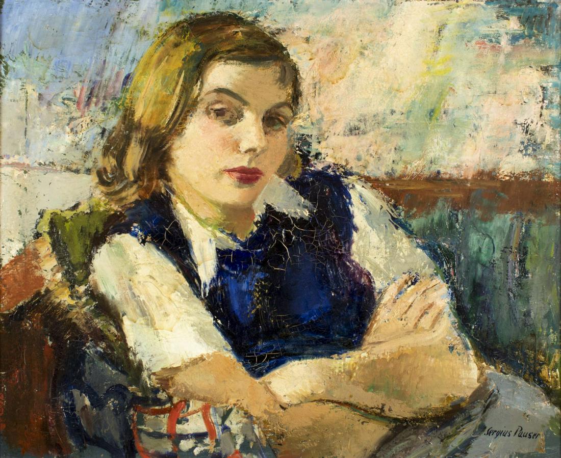 Sergius Pauser (Austrian,1896-1970) oil painting: ARTIST: Sergius Pauser (Austria, 1896 - 1970) NAME: Portrait - Madchenbildnis (Ingrid) YEAR: circa 1942 MEDIUM: oil on canvas CONDITION: Some craquelure. No visible inpaint under UV light. SIGHT SIZE: