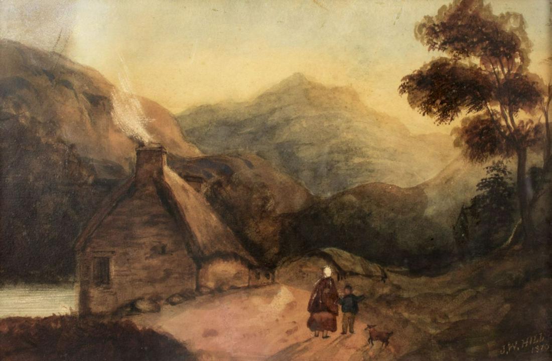 John William Hill (NJ,CA,1836-1928) watercolor on paper: ARTIST: John William Hill (New Jersey, California, 1836 - 1928) NAME: Mountain Landscape with Cottage YEAR: 1870 MEDIUM: watercolor on paper CONDITION: Excellent. Some age toning. Framed under glass.