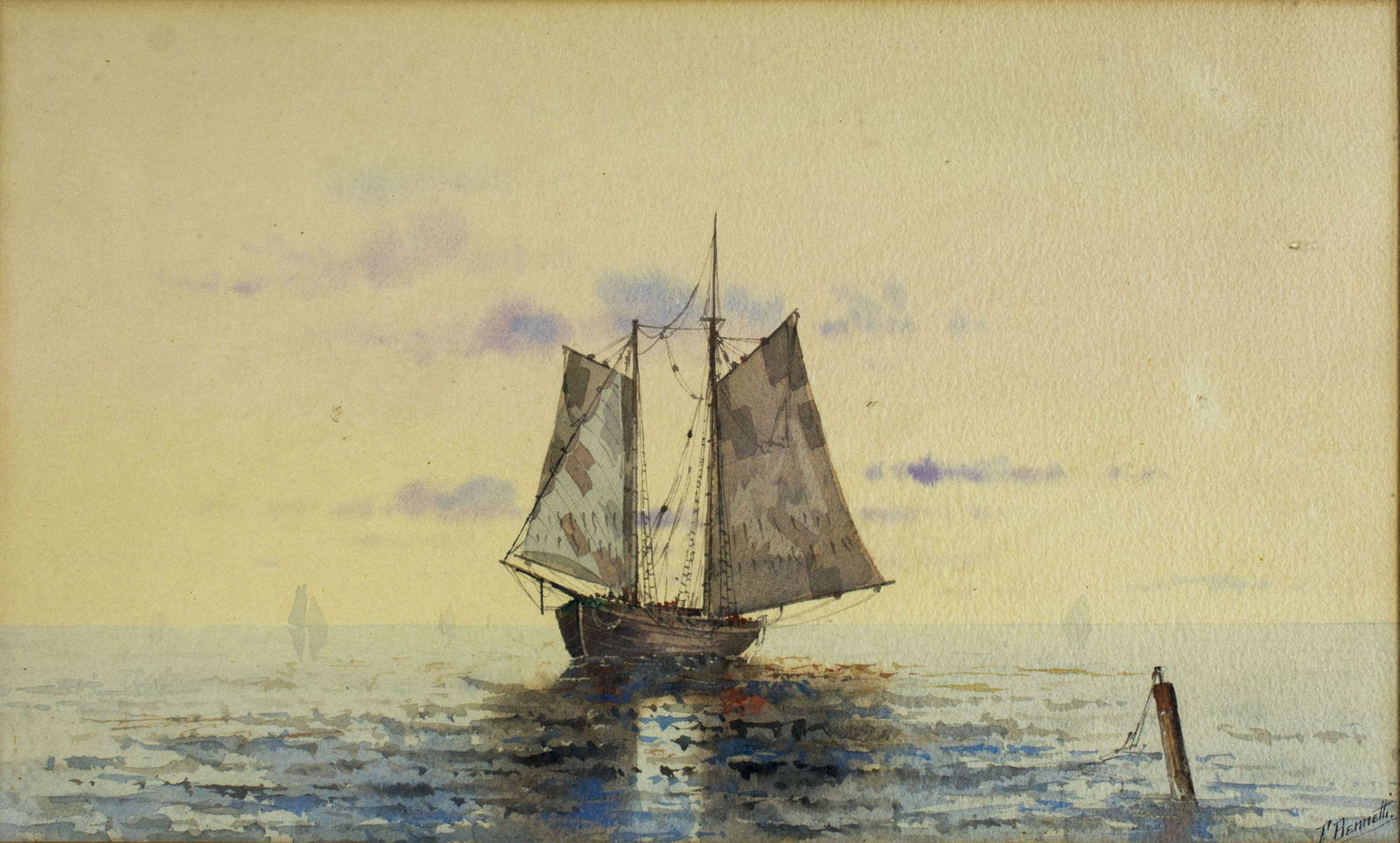 F Bennetti (Italy,19/20C) watercolor painting antique: ARTIST: F Bennetti (Italian, 19/20 century) NAME: Sail Boat MEDIUM: watercolor on paper CONDITION: Excellent. Some age toning. Framed under glass. SIGHT SIZE: 12 x 20 inches / 30 x 50 cm FRAME SIZE: 2
