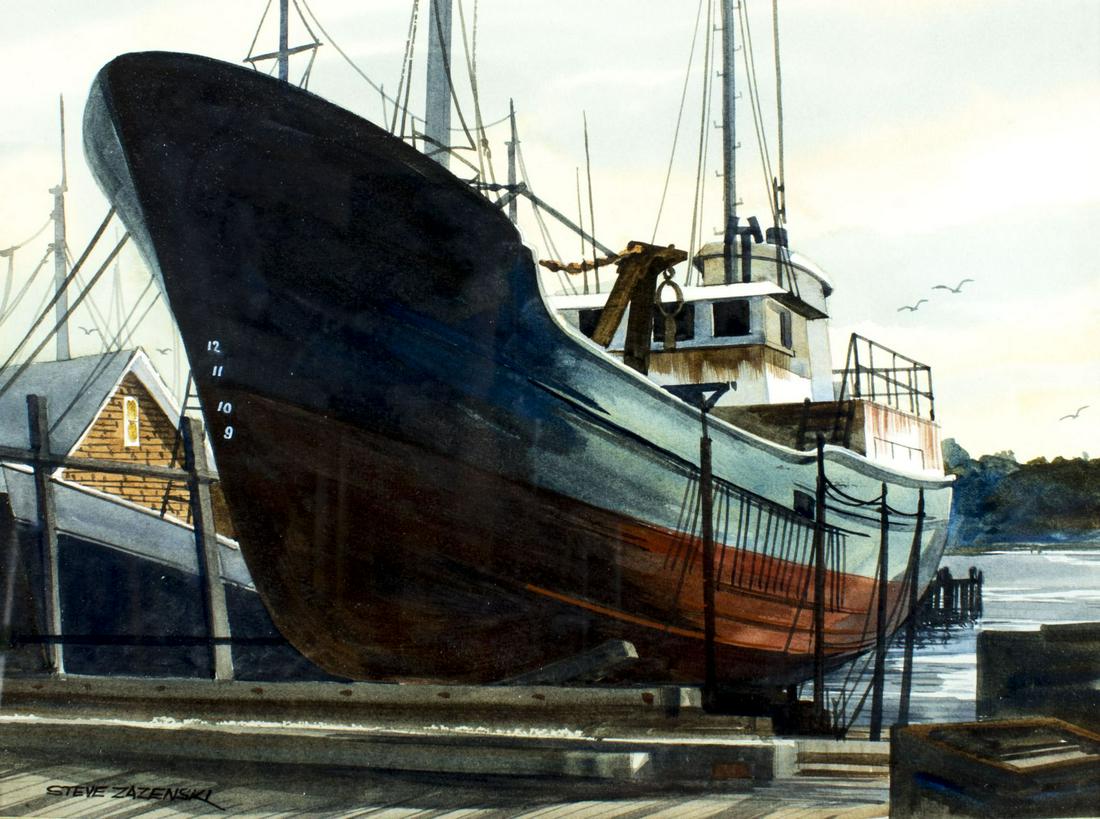 Steve Zazenski (NJ,20C) watercolor painting: ARTIST: Steve Zazenski (New Jersey, 20 century) NAME: Rocky Neck Shipyard YEAR: circa 1979 MEDIUM: watercolor on paper CONDITION: Excellent. Framed under glass. Minor wear to frame. SIGHT SIZE: 9 x 12
