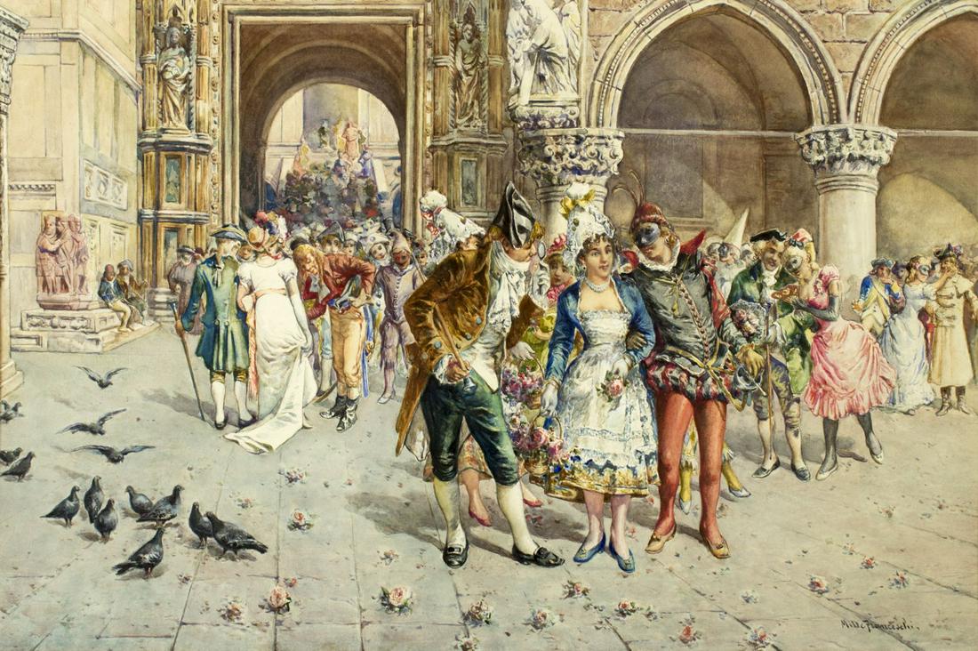 Mariano De Franceschi (Italy,1849-1896) watercolor on: ARTIST: Mariano De Franceschi (Italy, 1849 - 1896) NAME: Carnival MEDIUM: watercolor on paper CONDITION: Excellent. Framed under glass. SIGHT SIZE: 14 x 21 inches / 35 x 53 cm FRAME SIZE: 25 x 31 inch