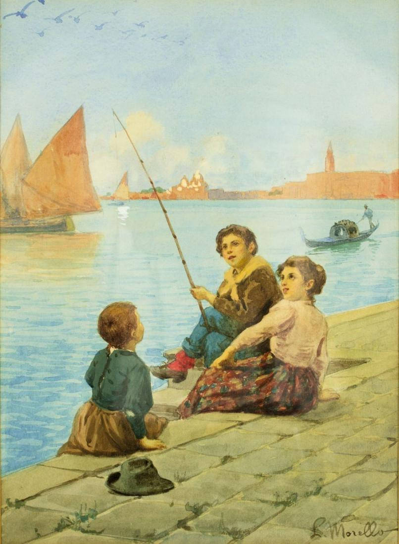 Leonardo Morello (Italy,19/20C) watercolor on paper: ARTIST: Leonardo Morello (Italy, 19/20th century) NAME: Children in Venice MEDIUM: watercolor on paper YEAR: 1900 - 1950 CONDITION: Excellent. Minor wear to frame. SIGHT SIZE: 9 x 12 inches / 22 x 30