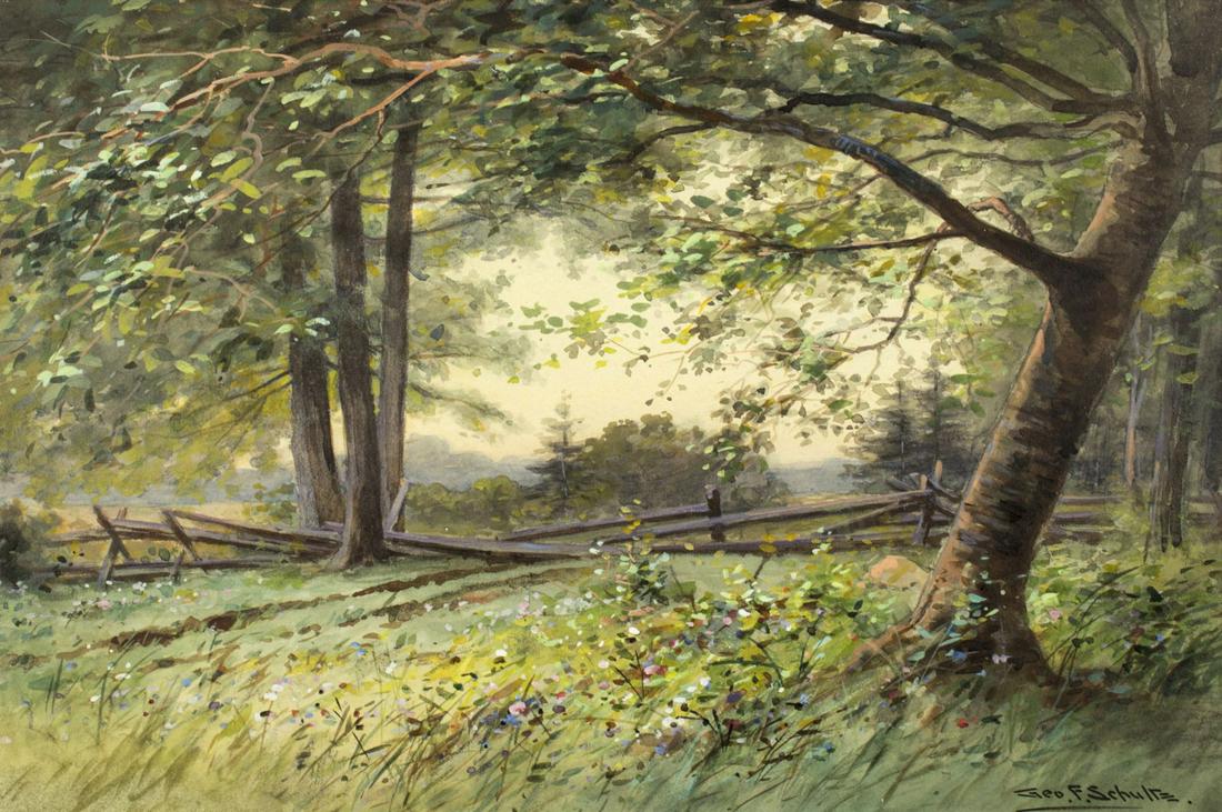 George Schultz (Illinois,1869-1934) watercolor on paper: ARTIST: George F Schultz (Illinois, 1869 - 1934) NAME: Landscape MEDIUM: watercolor on paper CONDITION: Excellent. Normal wear to frame. SIGHT SIZE: 12.5 x 19 inches / 31 x 48 cm FRAME SIZE: 16 x 23 i