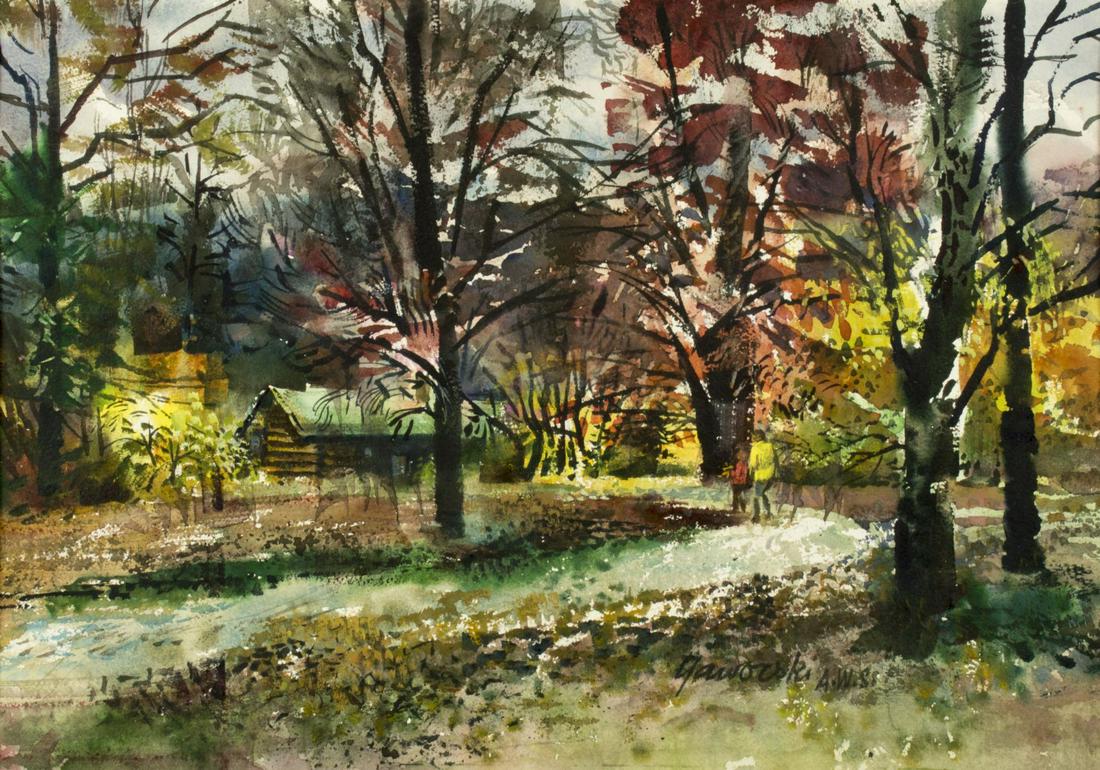 Alex Yaworski (IL,MO,KS,Russia,1907-1997) watercolor on: ARTIST: Alex F. Yaworski (Illinois, Missouri, Kansas, Russia, 1907 - 1997) NAME: Landscape Long Grove, IL MEDIUM: watercolor on paper CONDITION: Excellent. Framed under glass. SIGHT SIZE: 14 x 20 inch