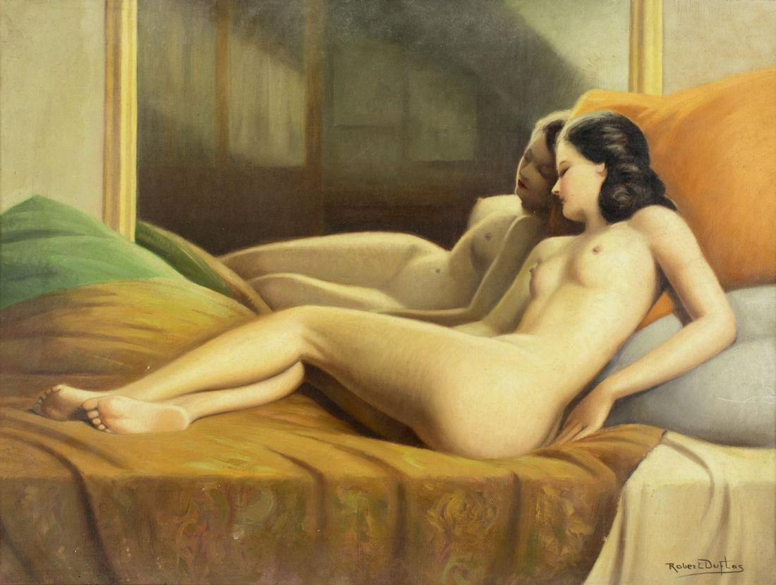 Robert Duflos (french,b 1898) oil painting: ARTIST: Robert Louis Raymond Duflos (France, 1898 - ???) NAME: Reclining Nude MEDIUM: oil on canvas CONDITION: Excellent. No visible inpaint under UV light. SIGHT SIZE: 18 x 24 inches / 45 x 60 cm FRA