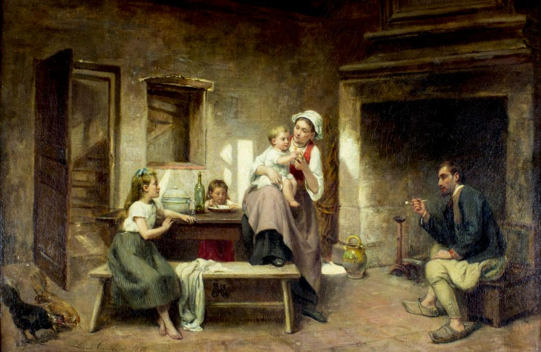 Leon Emile Caille (France,1836-1907) oil painting: ARTIST: Leon Emile Caille (French, 1836 - 1907) NAME: Interior Scene YEAR: 1890 MEDIUM: oil on canvas CONDITION: Very minor craquelure. No visible inpaint under UV light. Some damages to frame. SIGHT