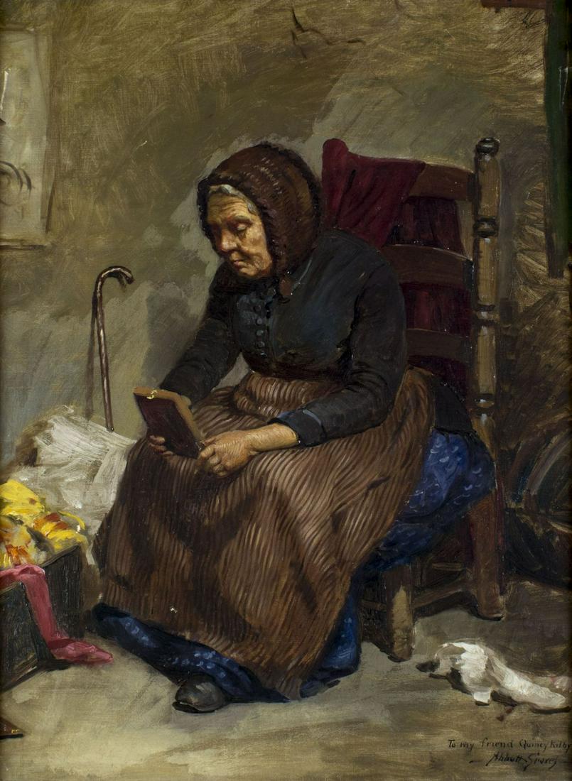 Abbott Fuller Graves (MA,ME,1859-1936) oil painting: ARTIST: Abbott Fuller Graves (Massachusetts, Maine, 1859 - 1936) NAME: Grandmother MEDIUM: oil on canvas CONDITION: Two very minor paint losses. No visible inpaint under UV light. SIGHT SIZE: 24 x 18