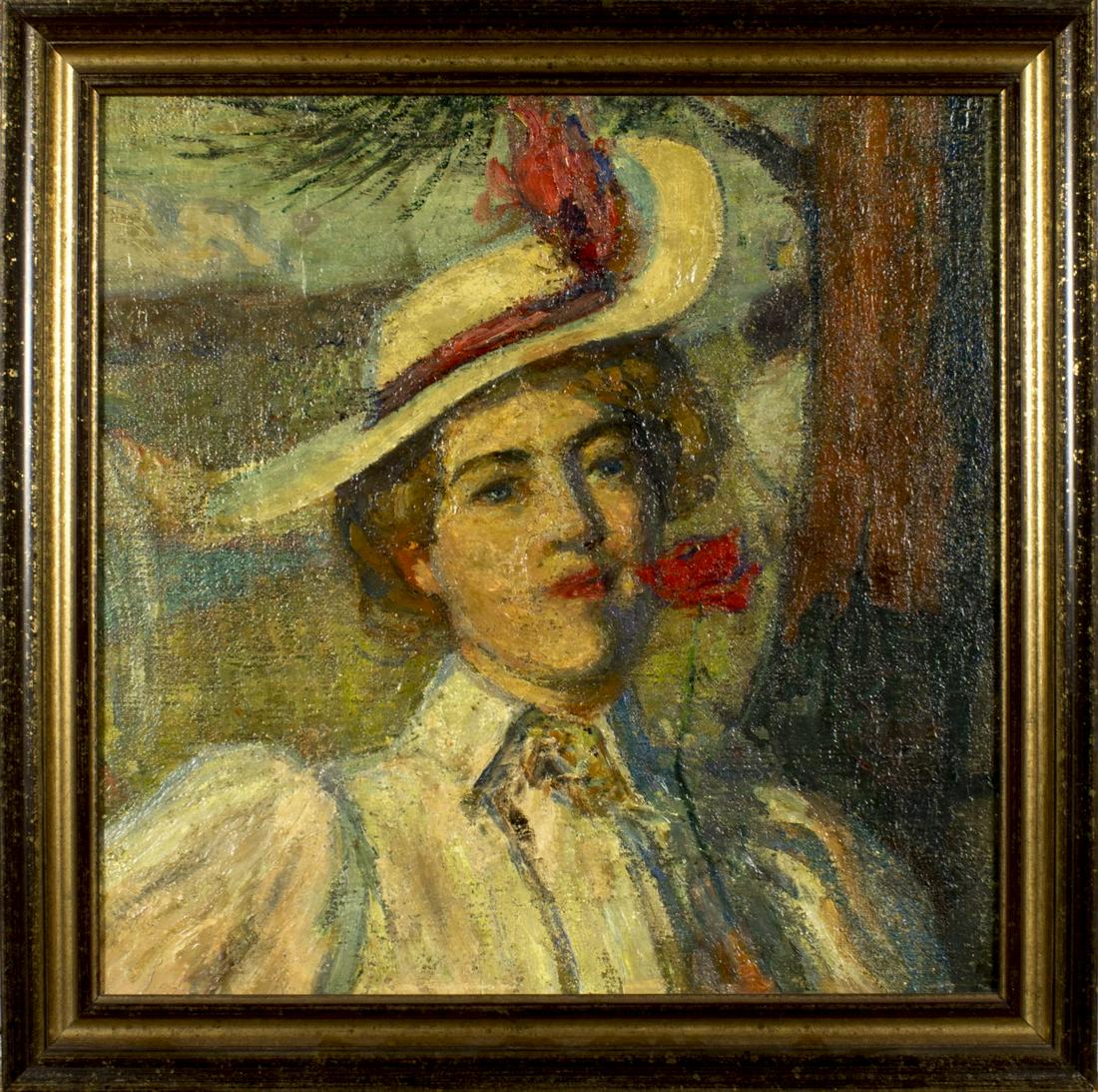 Augustus Koopman (NY,NC,France,1869-1914) oil on canvas: ARTIST: Augustus B Koopman (New York, North Carolina, France, 1869 - 1914) NAME: Portrait of Woman MEDIUM: oil on canvas. CONDITION: Very good. Painting has been cut down. Canvas applied to board. Ver