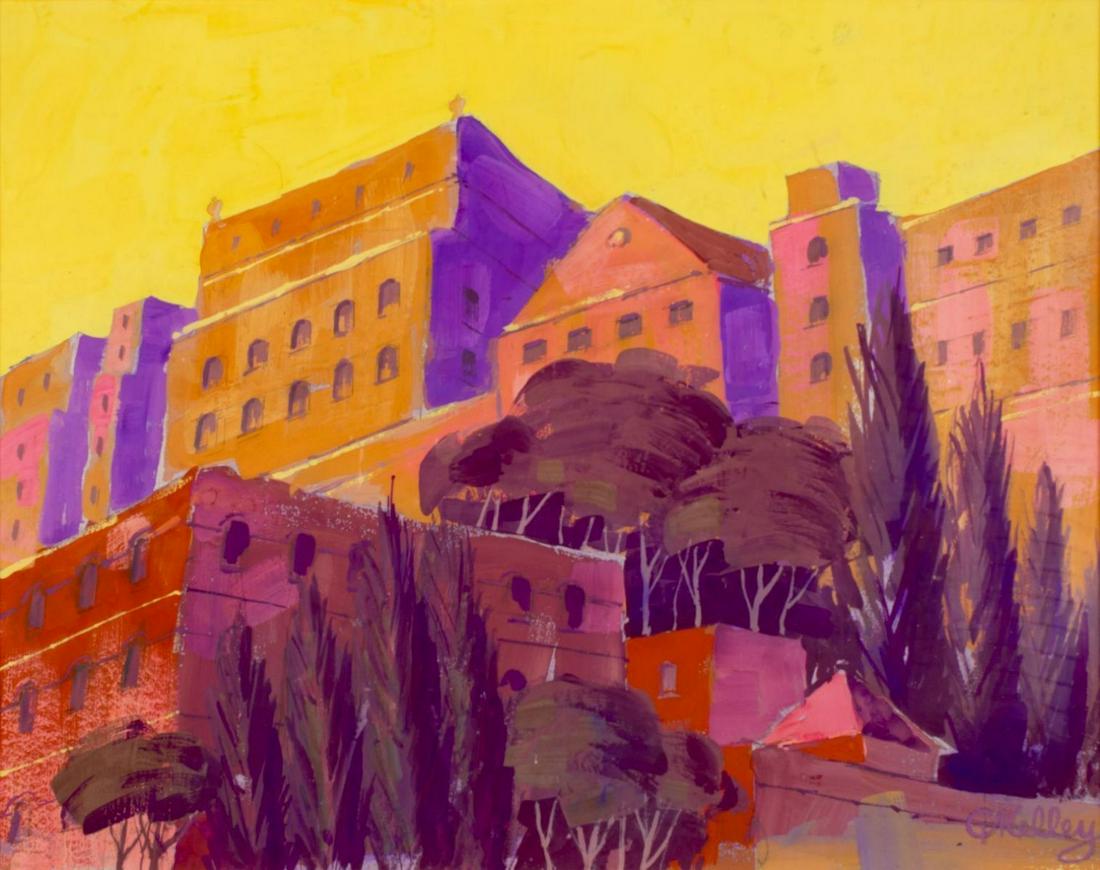 Gladys Kelley Fitch (Connecticut, 1896-1971) mixed: ARTIST: Gladys Kelley Fitch (Connecticut, 1896 - 1971) NAME: City View MEDIUM: mixed media CONDITION: Excellent. Framed under glass. Minor damages to corners of glass. SIGHT SIZE: 16 x 20 inches / 40 