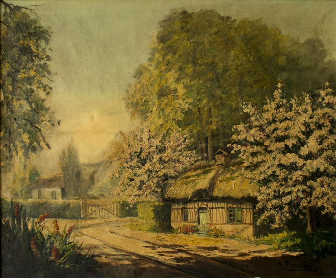 Andre Franchet (french,1896-1961) oil on canvas: ARTIST: Andre Franchet (french, 1896 - 1961) NAME: Cottage in Spring MEDIUM: oil on canvas IMAGE SIZE: 24 x 20 inches / 60 x 50 cm FRAME SIZE: 29 x 25 inches / 73 x 63 cm CONDITION: Two patches. Some 