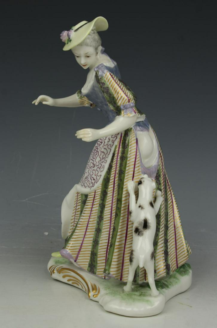 Nymphenburg Bustelli figurine "Lady with Dog": MANUFACTURE: Nymphenburg (GERMANY) SCULPTOR: Franz Antonio Bustelli (1723-1763) NAME: Lady with Dog NUMBER: 9 CONDITION: Few fingers were restored. NO BOX. HEIGHT: 7 1/2 inch / 19 cm WIDTH: 4 1/2 inch