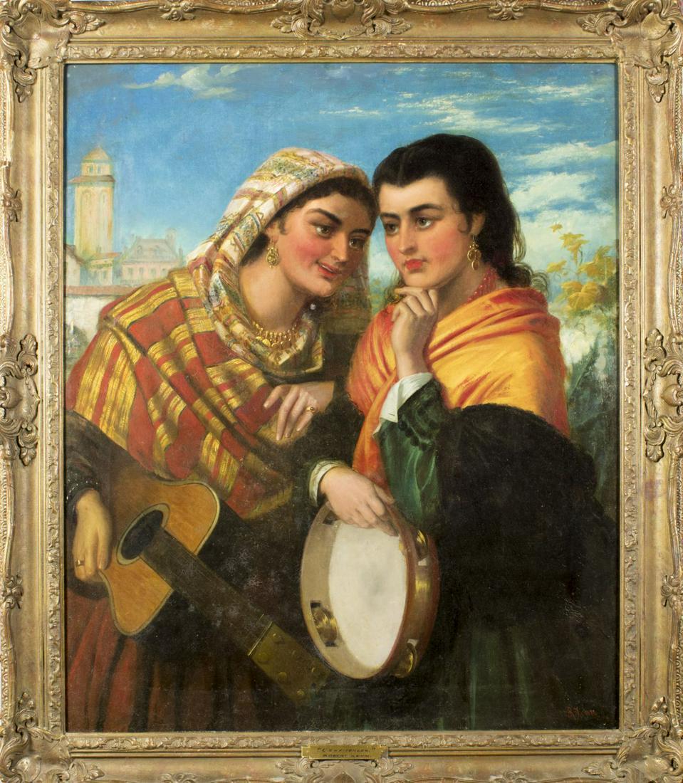 Robert Kemm (UK,1837-1895) oil on canvas: ARTIST: Robert Kemm (United Kingdom, 1837 - 1895) NAME: Confidences MEDIUM: oil on canvas CONDITION: Excellent. One patch. Very minor craquelure. No visible inpaint under UV light. Minor damage to fra