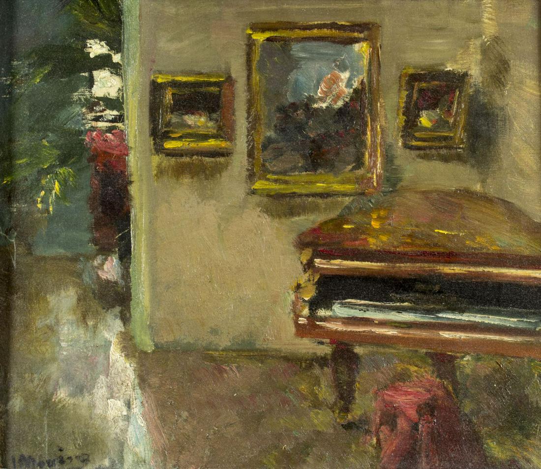 Edmund Pick Morino (Hungary,Austria,Belgium,1877-1958): ARTIST: Edmund Pick Morino (Hungarian, Austrian, Belgian, 1877 - 1958) NAME: Interiour with Piano MEDIUM: oil on canvas CONDITION: Excellent. No visible inpaint under UV light. Damages to frame. SIGHT