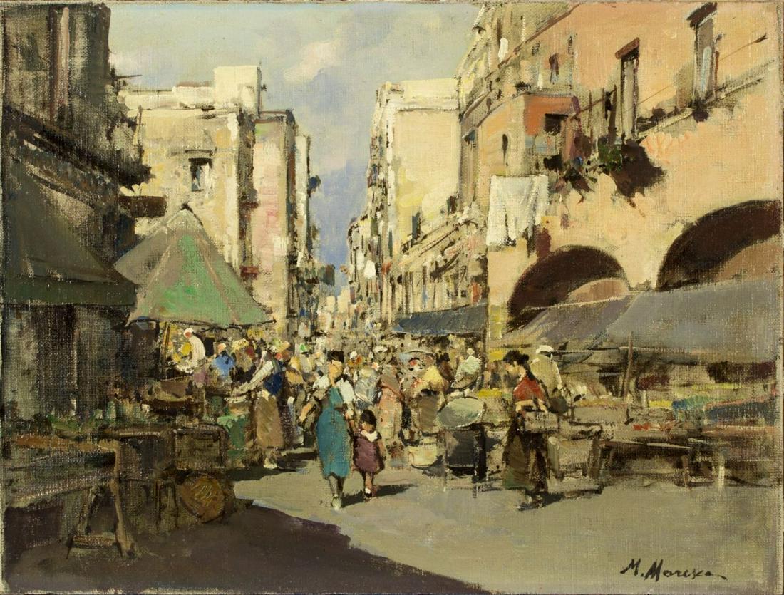 Mario Maresca Serra (Italy,1912-1990) oil on board: ARTIST: Mario Maresca Serra (Italy, 1912 - 1990) NAME: City Market MEDIUM: oil on board CONDITION: Excellent. SIGHT SIZE: 16.5 x 12.5 inches / 41 x 31 cm FRAME SIZE: unframed SIGNED: lower right CATEG