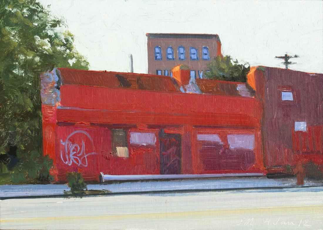 Stephen Magsig (MI,OH,born 1965) oil painting: ARTIST: Stephen Magsig (Michigan, Ohio, born circa 1965) NAME: Gratiot Ave Sunrise YEAR: 2012 MEDIUM: oil on board CONDITION: Excellent. No visible inpaint under UV light. SIGHT SIZE: 5 x 7 inches / 1