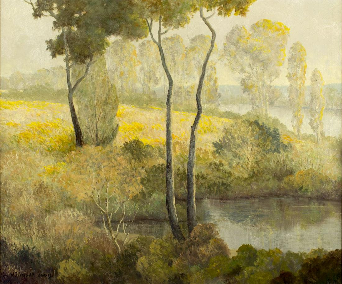 W Frederick Jarvis (TX,NY,CA,OH,1868-1944) oil painting: ARTIST: William Frederick Jarvis (Texas, New York, California, Ohio, 1868 - 1944) NAME: Autumn Lake Landcape MEDIUM: oil on canvas CONDITION: Excellent. No visible inpaint under UV light. SIGHT SIZE: